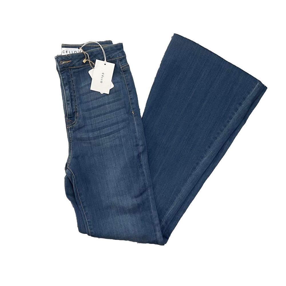 Cello Jeans NWT Womens Sz 11 Super High Rise Hippie Flare Raw Hem Blue Denim 70s